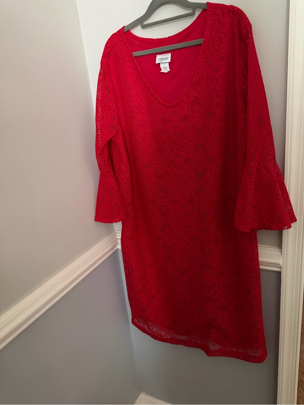 One More Thyme Red Lace V-Neck Bell Sleeve Tunic Size 2X